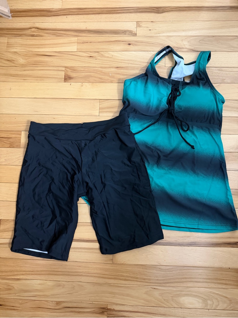 Amazon Teal Ombre Tankini Top with Black Swim Shorts
